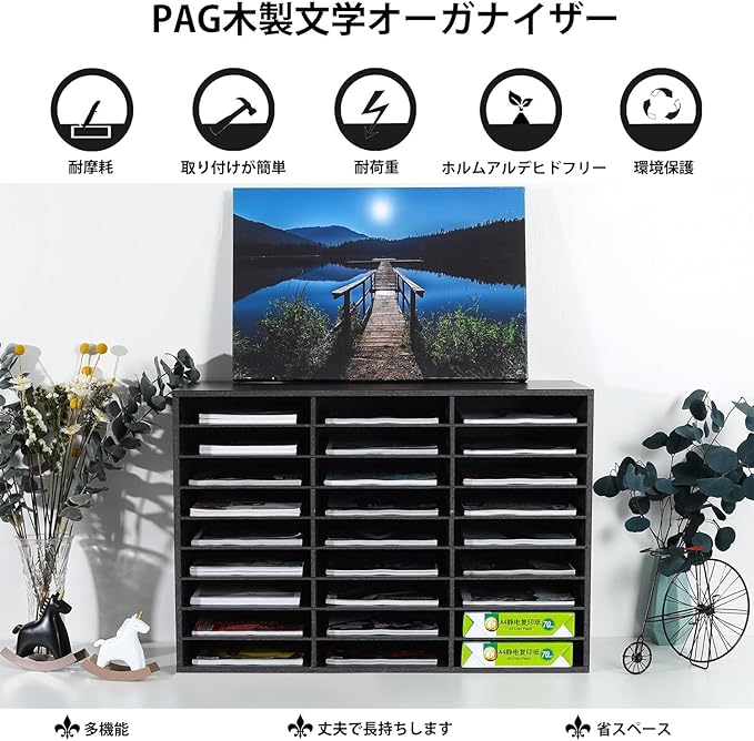 PAG Mail Sorter Organizer, Wood Literature Organizer, Student Mailbox for Classroom, Desktop Bill Paper Organizer for Office Home School, 27 Compartments, Dark Gray