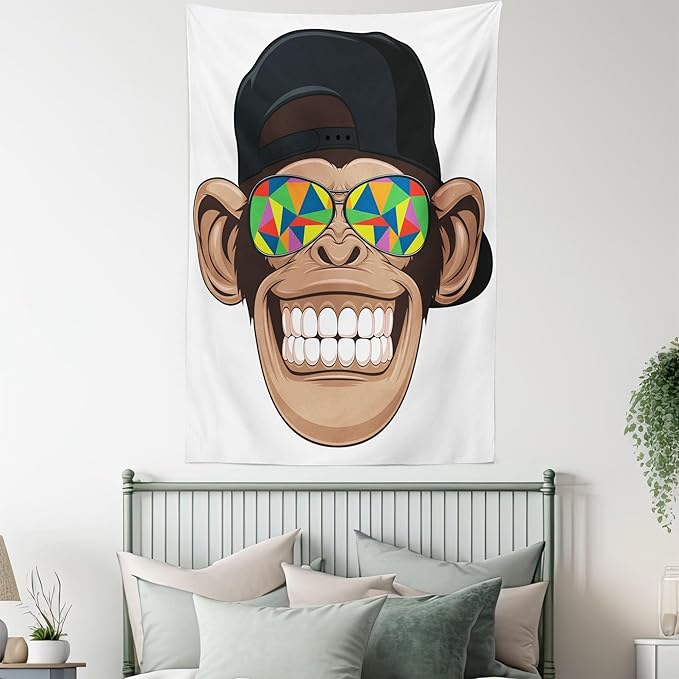 Ambesonne Cartoon Tapestry Queen Size, Fun Hipster Monkey with Colorful Sunglasses and Hat Rapper Hippie Ape Art, Wall Hanging Bedspread Bed Cover Wall Decor, 88" X 88", White Brown