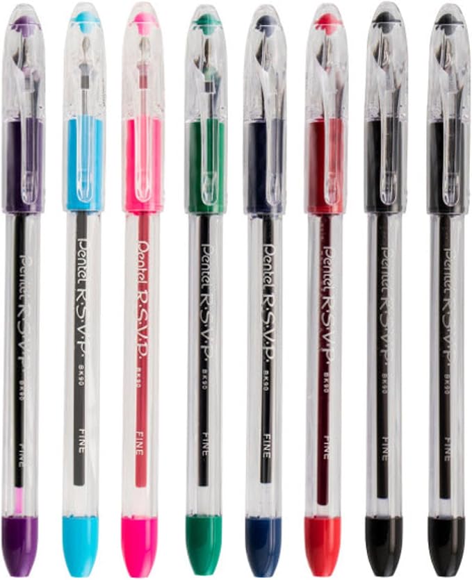 Pentel RSVP Original Ballpoint Pen, (0.7mm) Fine Line, Assorted Ink Colors, Clear Barrel, 8 Pack with Bonus Black Ink Pen
