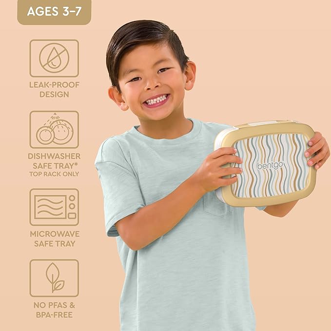 Bentgo Kids 5-Compartment Leak-Proof Bento-Style Lunch Box (Whimsy & Wonder Collection) - Ideal for Ages 3-7, Drop-Proof & Durable, Dishwasher Safe, & PFAS & BPA-Free Materials (Wavy)