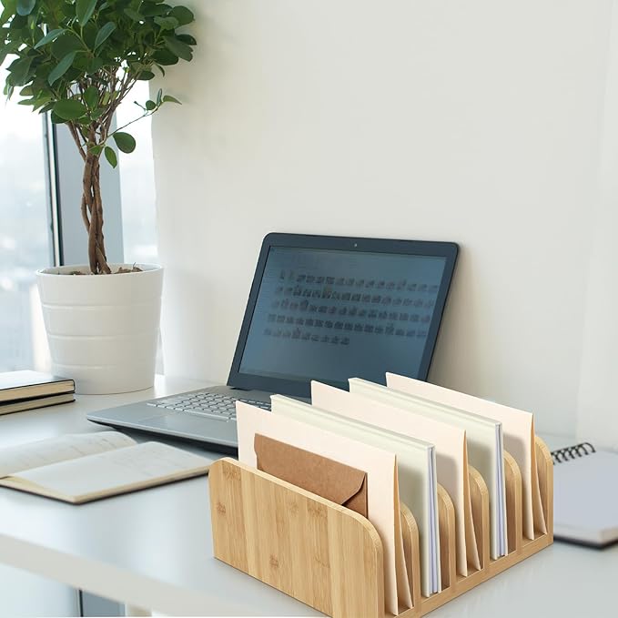 Desk Mail Organizer Bamboo File Holders Countertop Paper Organizer Letter Sorter 5 Compartments Envelope Holders with Anti Slip Mat for Home Office School Desktop Document Storage