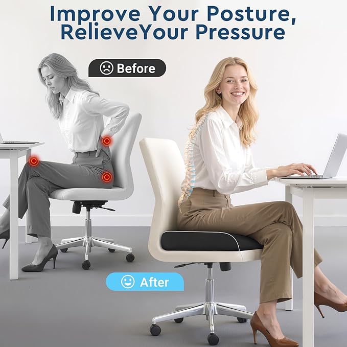 Seat Cushion, Memory Foam Office Chair Cushions for Long Sitting Hours, Chair Pad for Sciatica, Coccyx, Tailbone, Hip Pain & Pressure Relief, Office, Home,Car Seats,Airplane, Black/X-Large