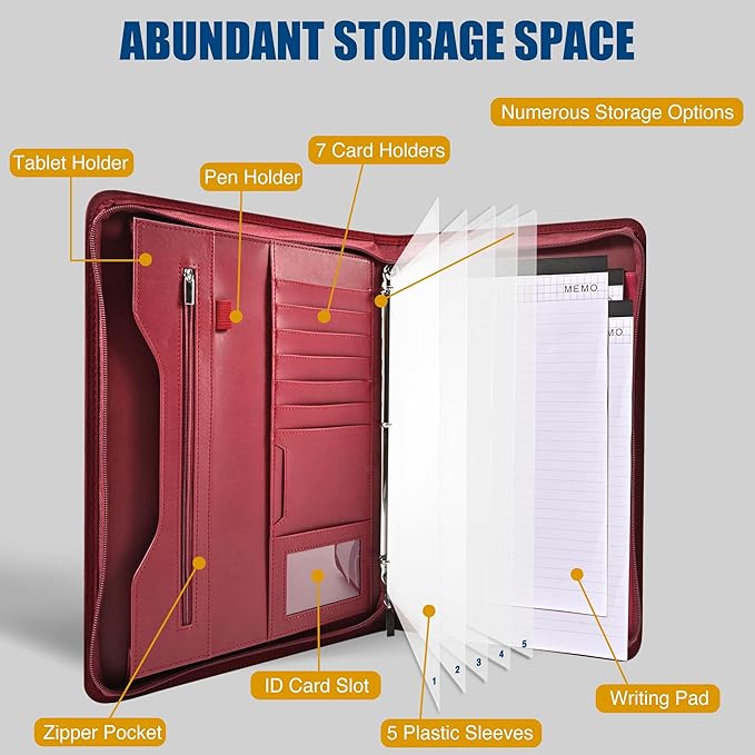 Padfolio Portfolio Folder Binder-Organizer Planner Notebook Zippered Portfolio Padfolio for Women & Men with Document Sleeve,Letter/A4 Size Clipboard,Business Card Holders (Burgundy-3)