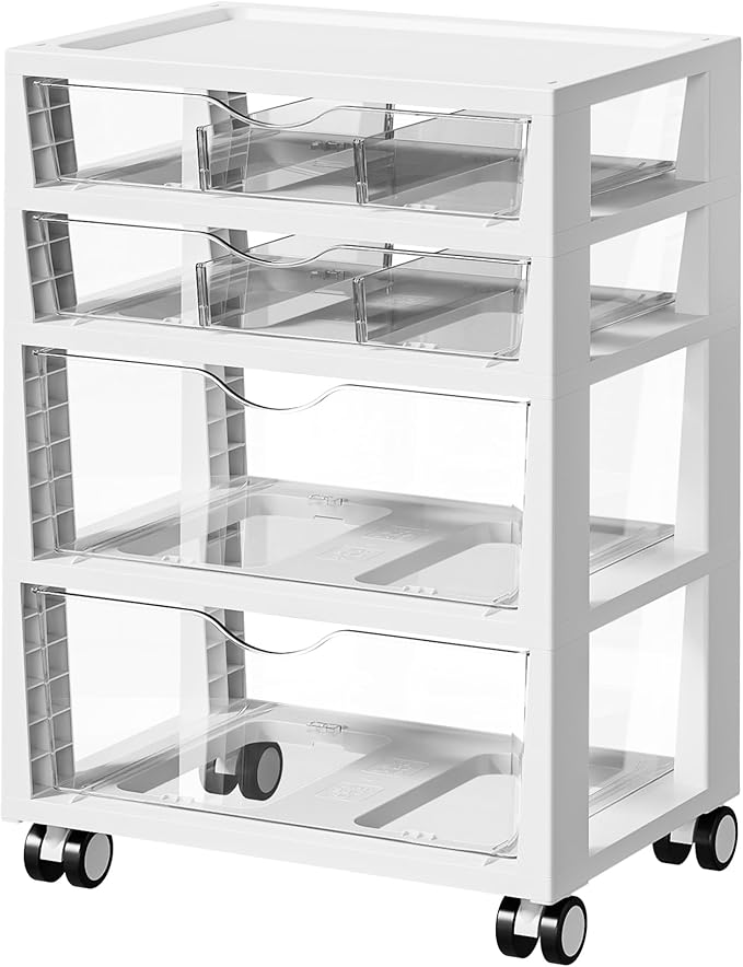 Vtopmart Plastic Drawer Storage Rolling Cart with Wheels, 4-Tier Drawer Organizer for Art Crafts Supplies, Home Office Supplies, Toys, Under Desk Storage for Office, Craft Room, Bedroom, Classroom