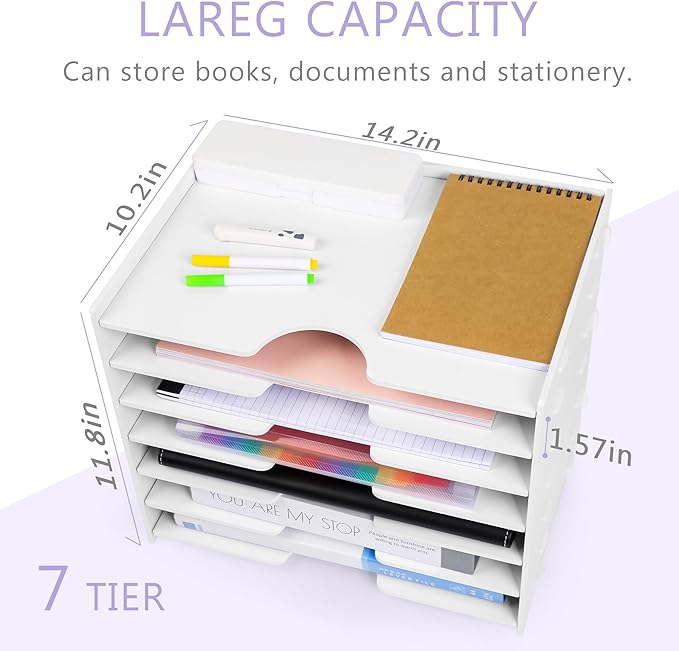 Paper Organizer Storage for Desk, 7 Tier Wide Construction File Organizer Paper Sorter, Desktop Document Storage Holder for Home Office School, White