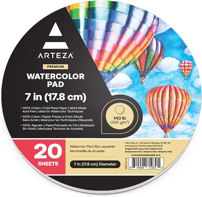 ARTEZA Watercolor Paper, 20 Sheets, 7 Inch Diameter Round Paper Pads, 140lb/300gsm, 100% Cotton, Cold Press, Acid Free Art Paper
