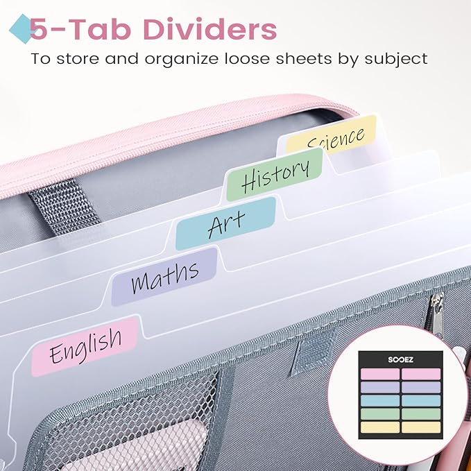 Sooez Zipper Binder Bag, 1 Inch Binders 3 Ring O-Ring, 5-Tab Dividers Expanding File Folder, 420-Sheet Capacity Three Ring Binder, Cute Organizer Storage for Student School Classroom Supplies, Purple