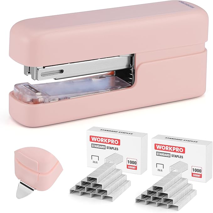 WORKPRO 2-in-1 Stapler with Staples, Pink Stapler with Staple Remover, 40 Sheet Capacity, Flat Clinch, Storage Space, Includes 2000 Standard Staples - Non-Slip Office Staplers for Desk, Pink Ribbon