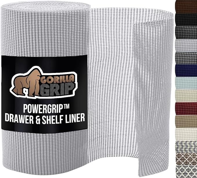GORILLA GRIP powerGRIP Drawer Shelf and Cabinet Liner, Thick Strong Hold, Non-Adhesive Liners Protect Kitchen Cabinets and Cupboard, Bathroom Drawers, Easy Install, Breathable Mat, 17.5" x30', Lt Gray