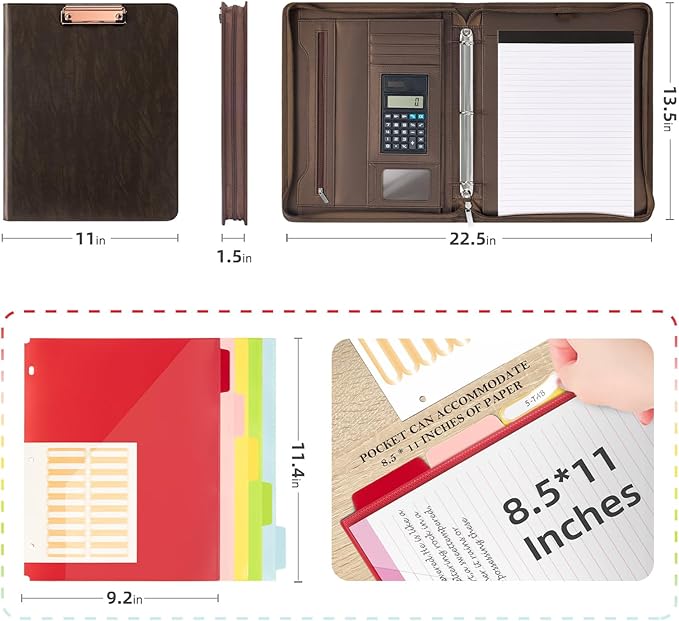 Ospelelf Zippered Portfolio Binder, Leather Clipboard Folder with Storage, 3 Ring Binder 1 Inch, 12.1” Tablet Sleeve, 5 Dividers with Pocket, Refillable Notepad, Card Slot (Brown)
