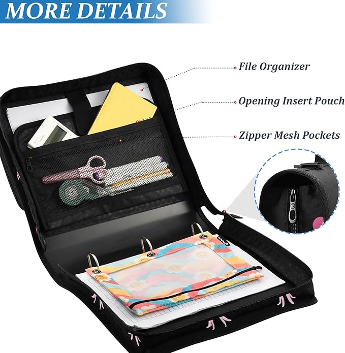 Black Pink Bow Cherry Zipper Binder Bag 3 Ring Binder with Shoulder Strap Zip Up 500 Sheets Capacity Multi Pockets for School Office Supplies