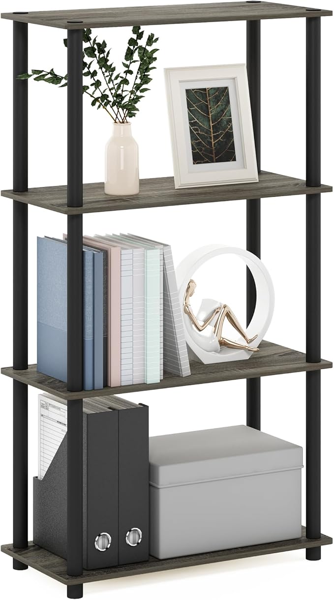 Furinno (99557GYW/BK) Turn-N-Tube 4-Tier Multipurpose Shelf Display Rack - French Oak Grey/Black