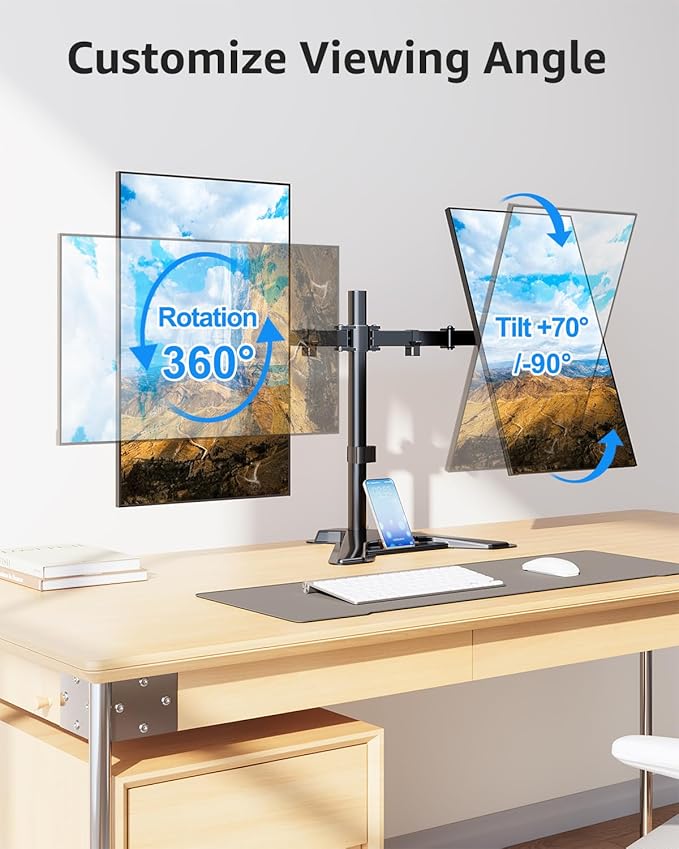 MOUNTUP Dual Monitor Stand - Freestanding & Height Adjustable Monitor Desk Mount, Steady VESA Mount Holds Max 17.6 lbs, Computer Monitor Stand for 2 Screens up to 27 inches, MU1002