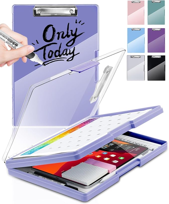 Clearview Clipboard with 2 Storage, Dry Erase 8.5x11 Heavy Duty ClipBoards - High Capacity Coaches Clip Board with Pen Holder - Side Opening Plastic Nursing Clip Case (Light Purple)
