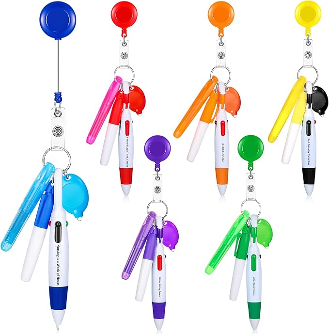 Chinco 30 Pcs Retractable Shuttle Pen Clip with Mini Highlighter Nurse Badge Pen Neon Marker LED Keychain Ring Clip