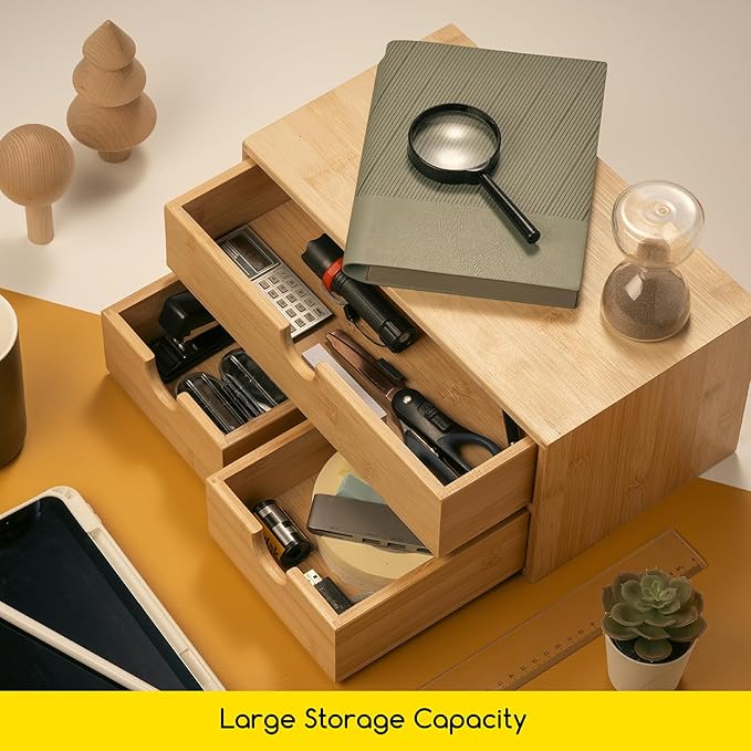 MEEDEN Bamboo Desk Organizer with Drawers: Desktop Storage Drawer Container - Tabletop Storage Organization Box for Office Home Toiletries Supplies