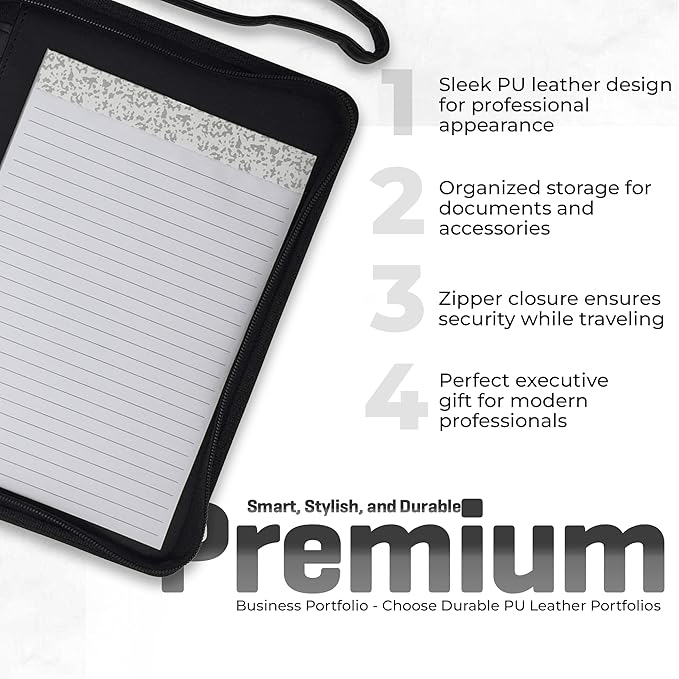 Zippered Leather Portfolio Binder with Junior Legal 5x8 Notepad - Black PU Leather Business Padfolio Organizer Folder with 8 Inch Tablet Sleeve & Gift Box by Lautus Designs