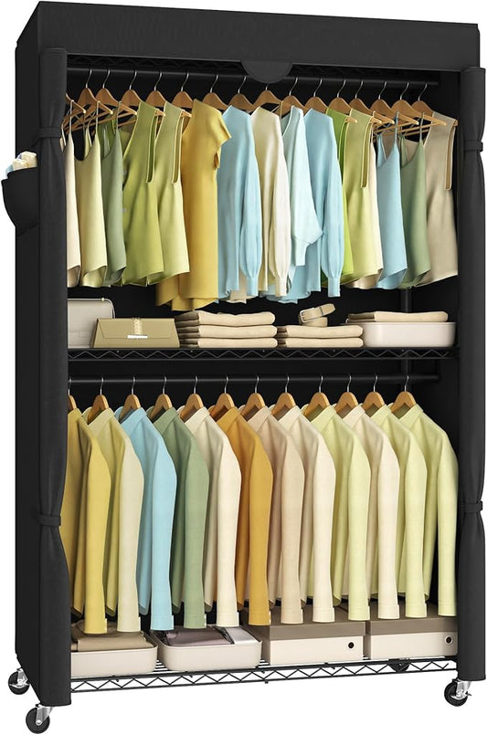 SONGMICS Heavy-Duty Rolling Clothes Rack, Garment Rack, Portable Closet, 43.3-Inch Wide Clothing Rack on Wheels, with Adjustable Mesh Shelves and Hanging Rails, Fabric Cover, Ink Black ULGR415B01