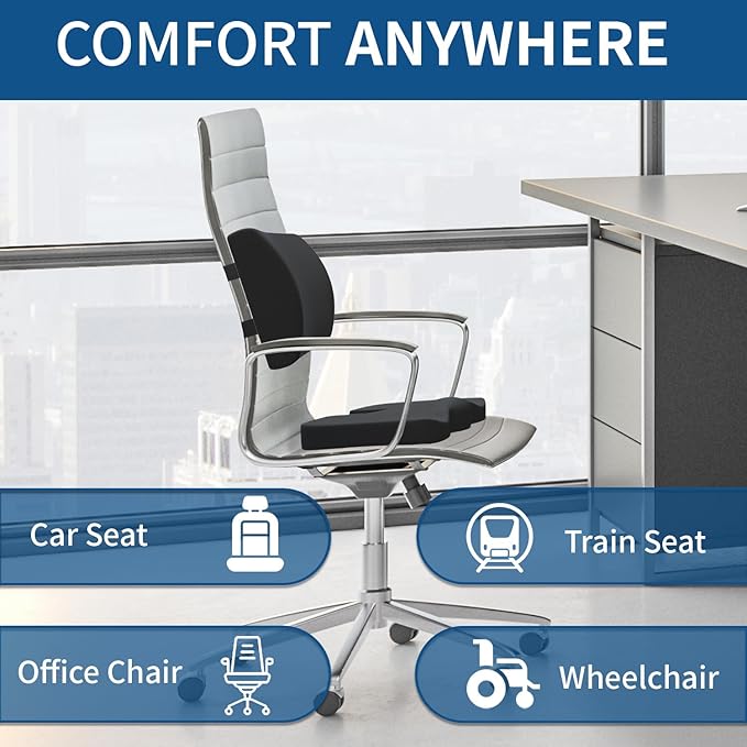 Memory Foam Seat Cushion & Lumbar Support Pillow for Office Chair Car Wheelchair Orthopedic Chair Pad and Back Cushion with Adjustable Straps for Lower Back, Tailbone, Sciatica, Hip Pain Relief