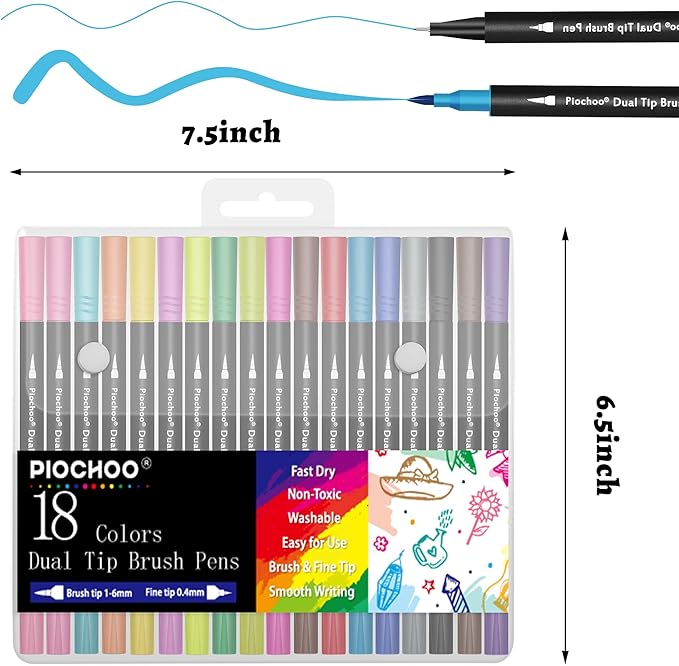 18 Colors Dual Tip Markers, Fine Point & Brush Tip for Adult Coloring Books, No Bleeding, Art Supplies