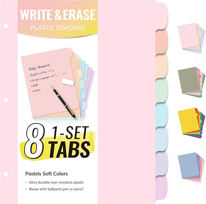 Sooez 8 Tabs Long-Lasting Plastic Write & Erase Large Tabs Dividers for 3 Ring Binder, Aesthetic Cute Pastels Binder Dividers for Student, Teacher, Office, Home Organizers, 1 Set, Pastels Color