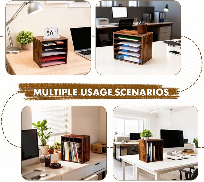 EMERIT Paper Organzier Wood Desktop Organizer Storage Letter Tray File Sorter with Adjustable Shelves for Home Office