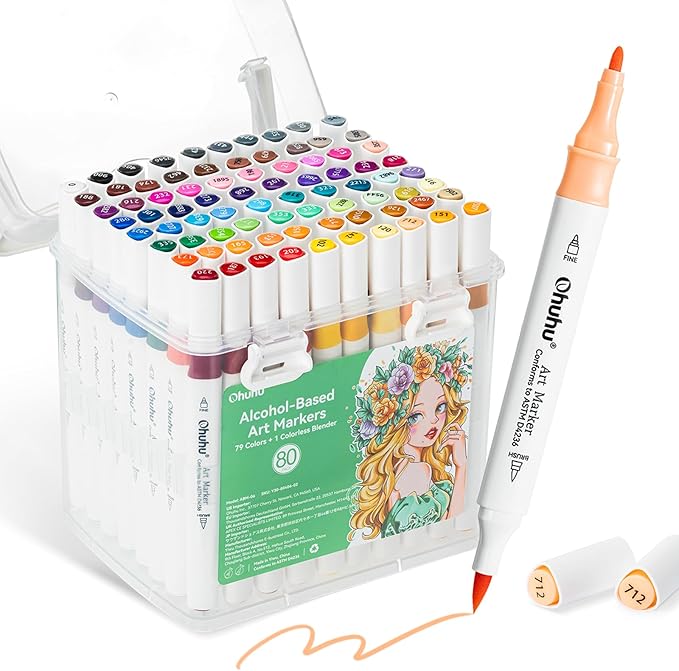 Ohuhu Alcohol Markers 80 Colors: Brush & Fine Art Markers for Beginners Adults Coloring Drawing Dual Tips Alcohol-based Markers Gift Idea with Colorless Blender Storage Case- Great Value Pack