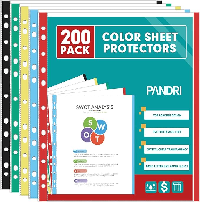 Sheet Protectors, PANDRI 200 Pack Color Heavy Duty Plastic Page Protectors Sheet Reinforced 11-Hole Fit for 3 Ring Binder Fits Standard 8.5 x 11 Paper, 9.25 x 11.25 Top Loaded, Excluding Acid