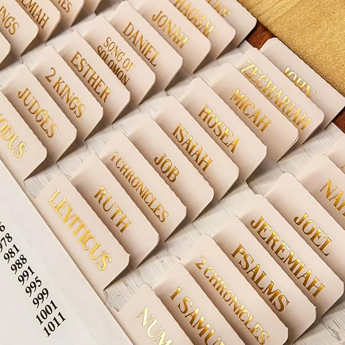 Laminated Bible Tabs, Gold Foil Embossed Lettering Bible Chapter Index Tabs for Women Men, Reposition Large Print Sticky Labels, Easy to Read and Apply, 105Chapters Labels for Easy Navigation (Creamy)
