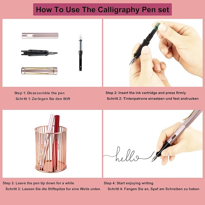Calligraphy Pen set,Fountain Pens with 8 Different Replaceable Nibs with 60 Ink Cartridges(12 Colors),Calligraphy set for Beginner Writing Drawing.