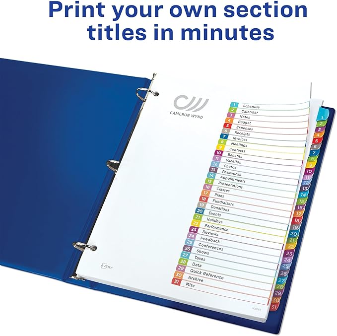 Avery 1-31 Dividers for 3 Ring Binders, 31 Tabs per Set, Customizable Table of Contents, Multicolor Arched Tabs, Great for Organizing Reports, Projects, and More (11846)