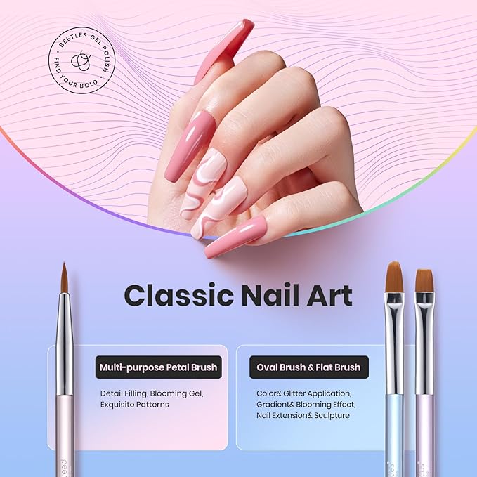 Beetles 3 Pcs Gel Nail Art Brushes Set Gel Polish Design Pen Painting Tools with Liner Brushes Petal Painting Brush and Oval Brush DIY at Home Manicure for Girls