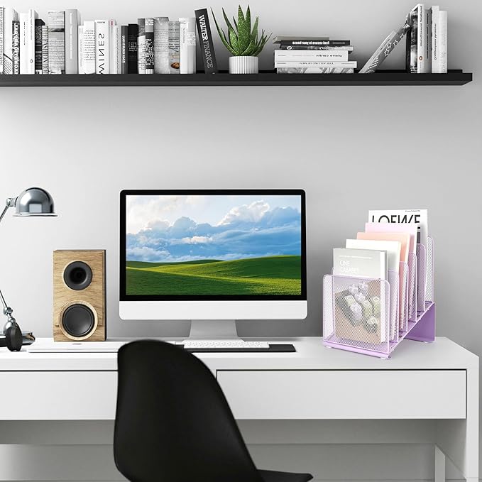 File Organizer for Desk, Desk Organizer with 5-Section Vertical File Rack, File Folder Organizer (Purple)