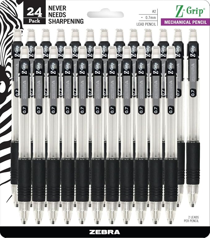 Zebra Pen, Z-Grip Mechanical Pencil, Smooth Writing, Latex-Free Grip, 0.7mm Lead, #2 HB, Pre-Loaded with Lead and Eraser, for School, Office, Everyday Use, Refillable, Clear Barrel, 24-Pack, (15241)