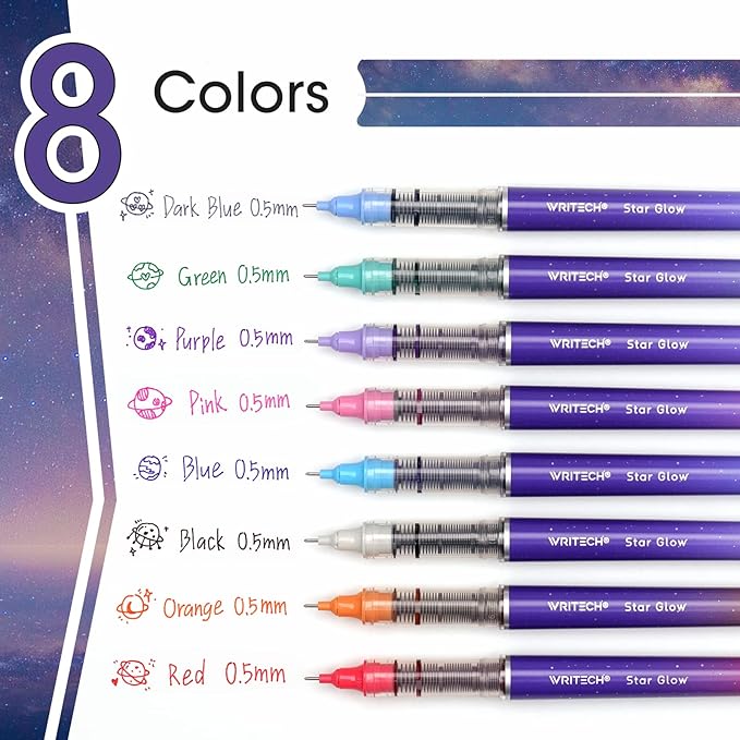 WRITECH Liquid Ink Rollerball Pens: 8ct Assorted Colors Extra Fine Point Tip 0.5mm Roller Ball Rolling Pen for Smooth Writing Coloring Drawing Journaling No Bleed & Smear &Smudge Multi Colored.