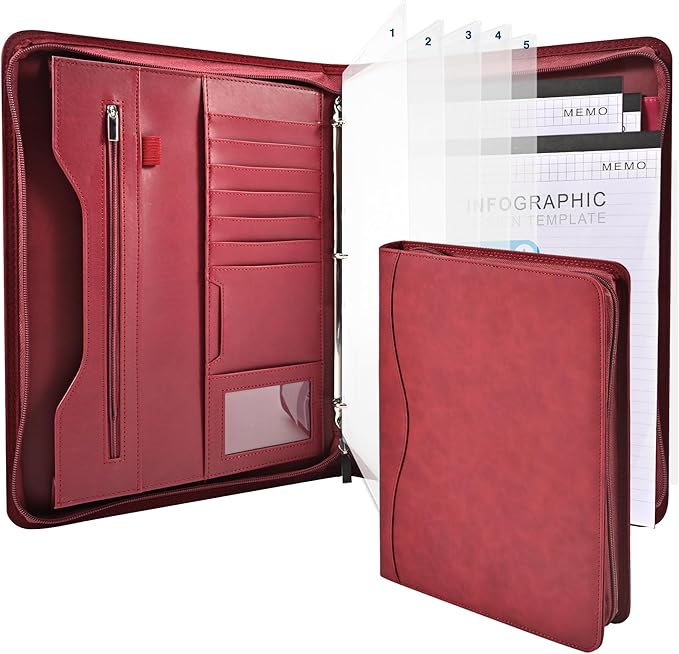 Padfolio Portfolio Folder Binder-Organizer Planner Notebook Zippered Portfolio Padfolio for Women & Men with Document Sleeve,Letter/A4 Size Clipboard,Business Card Holders (Burgundy-3)