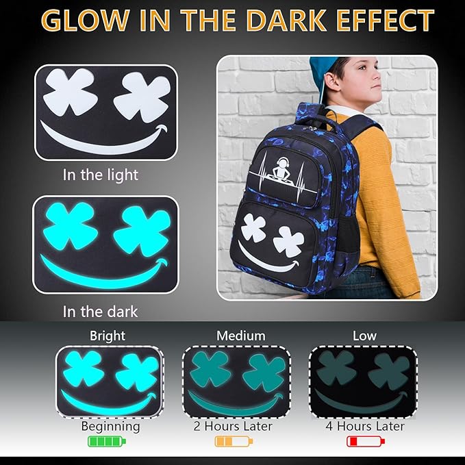 Boys Backpack with Lunch Box Glow in Dark Bookbag Kids Ages 4-12 Kindergarten Elementary School Spider Backpack, Luminous Face Blue