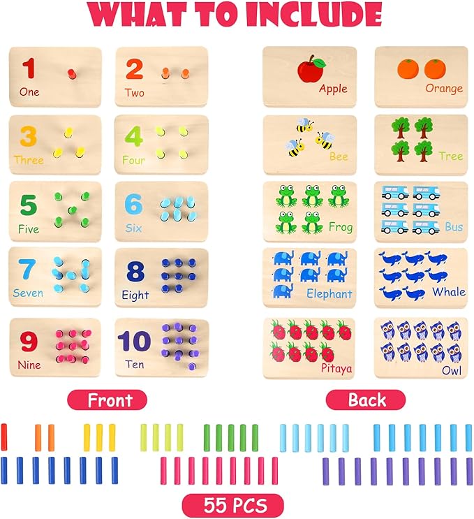Wooden Counting Numbers Peg Board for Kids, Montessori Math Toy for Toddlers, Math Manipulatives Preschool Early Learning Educational Materials for Kids 3 4 5 6 7