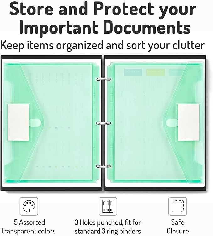 Forvencer Binder Pocket, 5 Pack Super Heavyweight Plastic Folders with Tight Closure, Binder Folders Side Loading, 3 Ring Binder Pocket, Binder Dividers with Pockets, Letter Size, Pastels Series