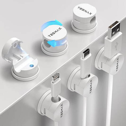 Magnetic Cable Clips 360° Rotation Cord Holder, 6Pack Cord Organizer 1s Lock Cable Smooth Adjustable Desk Organizers and Accessories, Adhesive Cord Clips for Nightstand,Phone,Wall,Car,Home Office