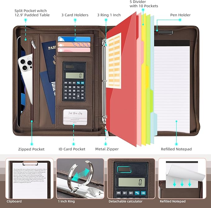 Ospelelf Zippered Portfolio Binder, Leather Clipboard Folder with Storage, 3 Ring Binder 1 Inch, 12.1” Tablet Sleeve, 5 Dividers with Pocket, Refillable Notepad, Card Slot (Brown)