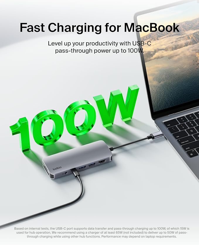 Belkin USB-C Hub, 7-in-1 Multiport Adapter - USB Docking Station with 4K HDMI, USB-C PD 3.0 Port, 2 x USB-A 3.1 Ports, SD Card & MicroSD Card Slots, & 3.5mm Audio Jack for MacBook, Air, iPad Pro, XPS