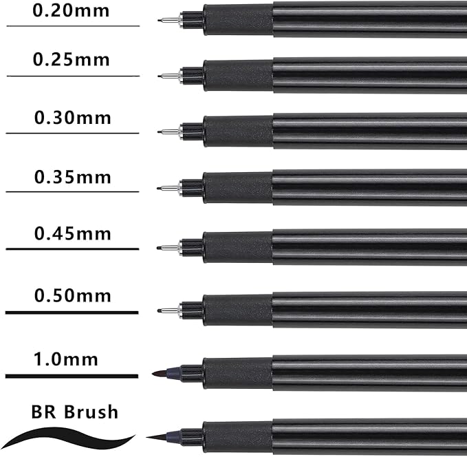 Muchcute Micro Fineliner Drawing Art Pens: 8 Black Fine Line Waterproof Ink Set Artist Supplies Archival Inking Markers Liner Professional Sketch Outline Crafts Sketching Watercolor Zentangle Stuff
