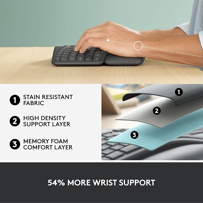 Logitech Ergo K860 Wireless Ergonomic Keyboard - Split Keyboard, Wrist Rest, Natural Typing, Stain-Resistant Fabric, Bluetooth and USB Connectivity, Compatible with Windows/Mac, Black