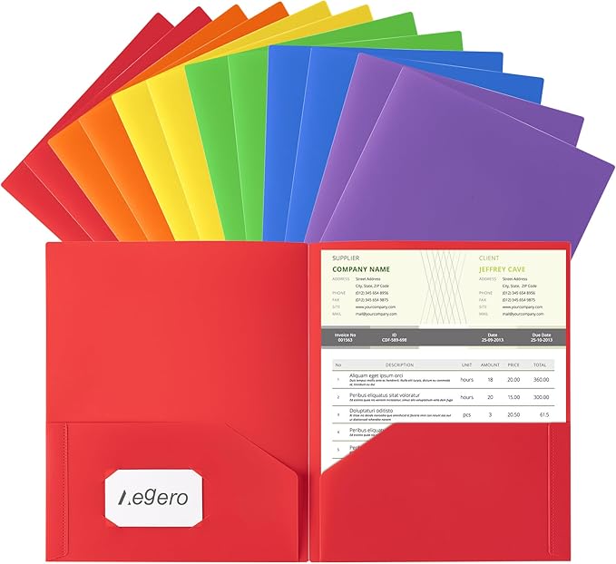 Plastic Folders with Pockets (12 Pack, Assorted Colors), Durable Heavy Duty File Folders with Business Card Slot, 2-Pocket Folder for Schoolwork & Office,Letter Size…