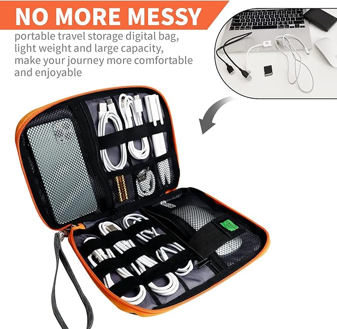Electronics Travel Organizer,Portable Waterproof Electronic Travel Storage Bag for Small Charging Cord Storage,Charger,SD Card etc,for Travel,Business-Grey Orange