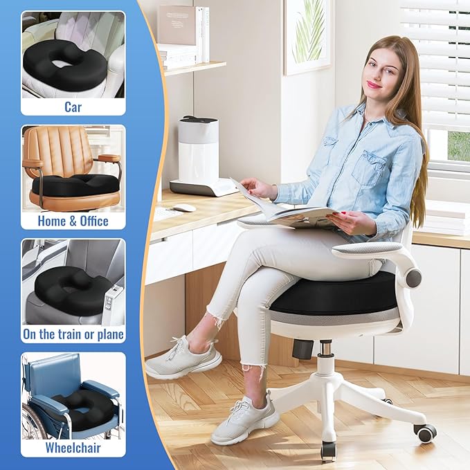 CloudBliss Donut Pillow Seat Cushion Chair Pad for Tailbone Pain Relief and Hemorrhoids, Memory Foam Seat Chair Cushion for Men and Women for Home & Office, (Black-2XL)