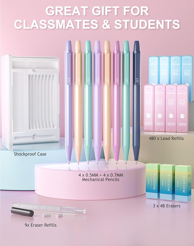 20PACK Mechanical Pencil, 8Pcs 0.5 0.7mm Mechanical Pencils Set With Eraser and 480 Pcs Refills, Cute Colored Preppy School Supplies Gift for Girls Writing - Come With Custom Case