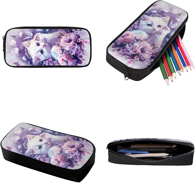 Cat School Bookbag for Girls, 3PCS Lightweight Kids Book Bag with Lunch Box Cute Pencil Case, Large Girls Backpack for School Elementary Middle High School Backpack, Purple