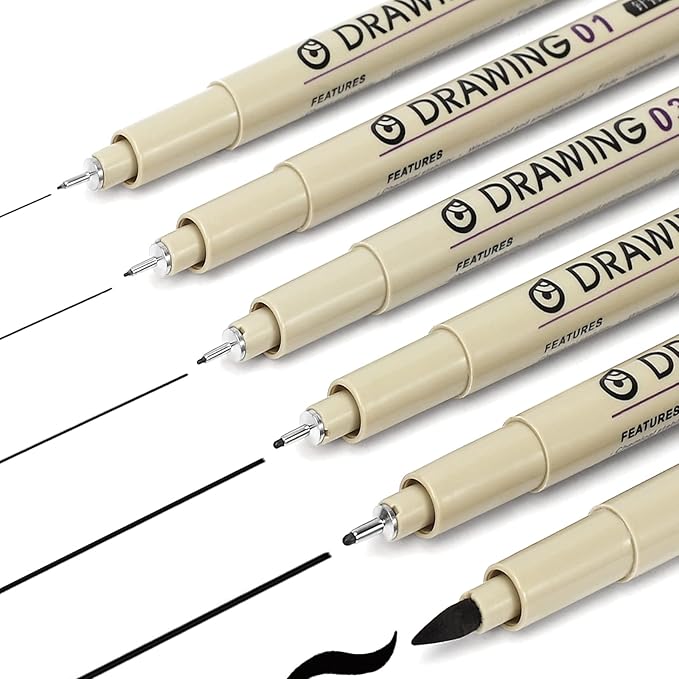 Muchcute Micro Fineliner Drawing Art Pens: 6 Black Fine Line Waterproof Ink Set Artist Supplies Archival Inking Markers Pigment Liner Journaling Sketch Outline Manga Anime Gifts Sketching Watercolor